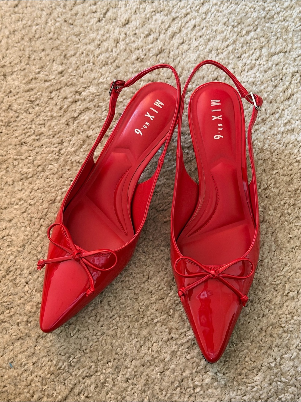 Mix No. 6 Red Patent Pointed Toe Slingback kitten heels with Bow